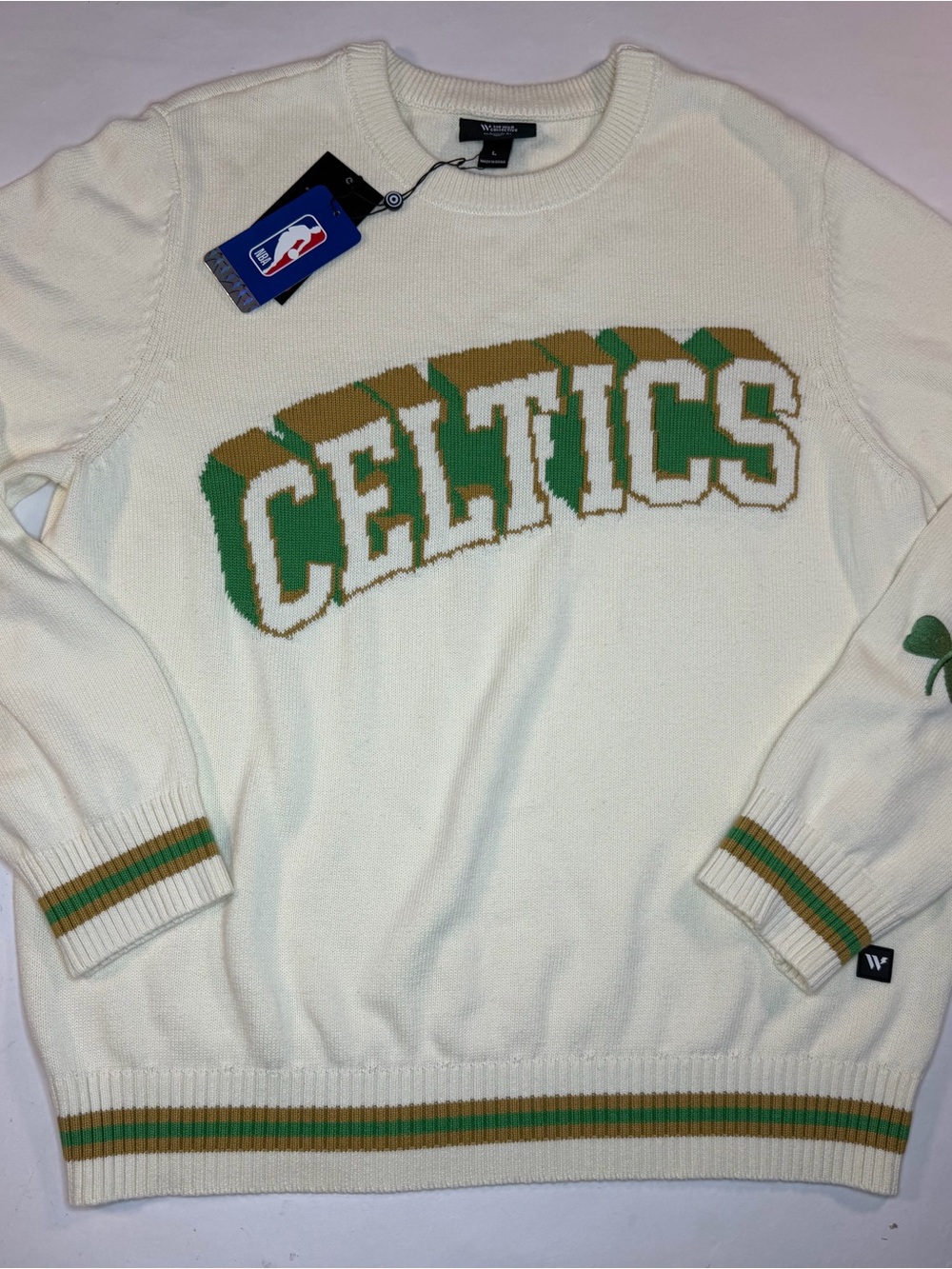 NBA Cream Celtics Intarsia Crewneck Sweater with Green & Gold Accents